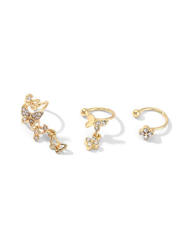 

3Pcs Flower Butterfly Rhinestone Cuff Earrings Set, Gold