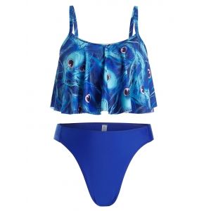 

Plus Size Ruffle Feather Print High Cut Tankini Swimwear, Blueberry blue