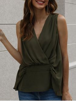 Plunging Neck Surplice Tank Top - ARMY GREEN - M