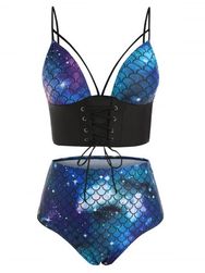 Galaxy Mermaid Lace Up High Waisted Tankini Swimwear - BLACK