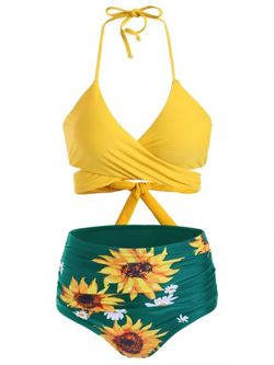 Sunflower High Waisted Ruched Wrap Bikini Swimwear - SEA TURTLE GREEN - S