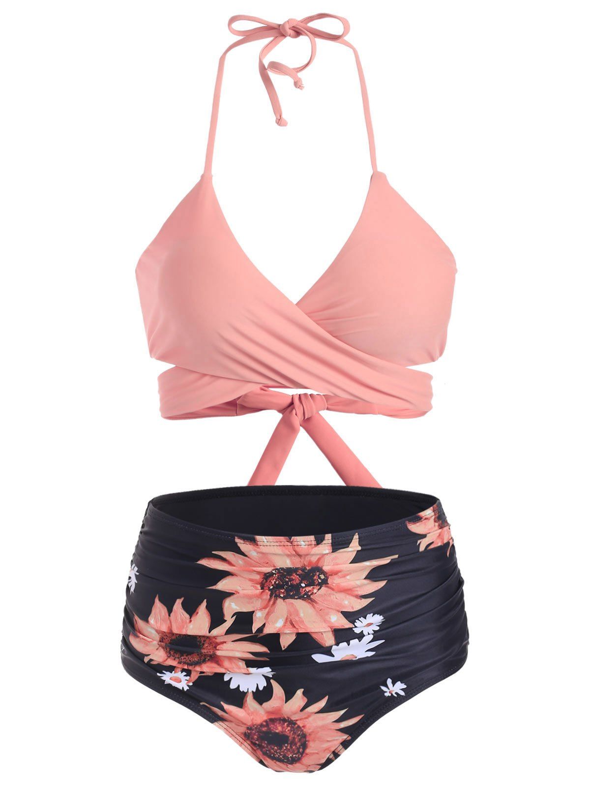 

Sunflower High Waisted Ruched Wrap Bikini Swimwear, Deep peach