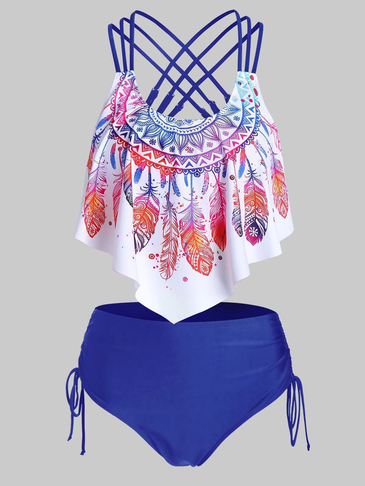 

Feather Print Strappy Pointed Hem Tankini Swimwear, Ocean blue