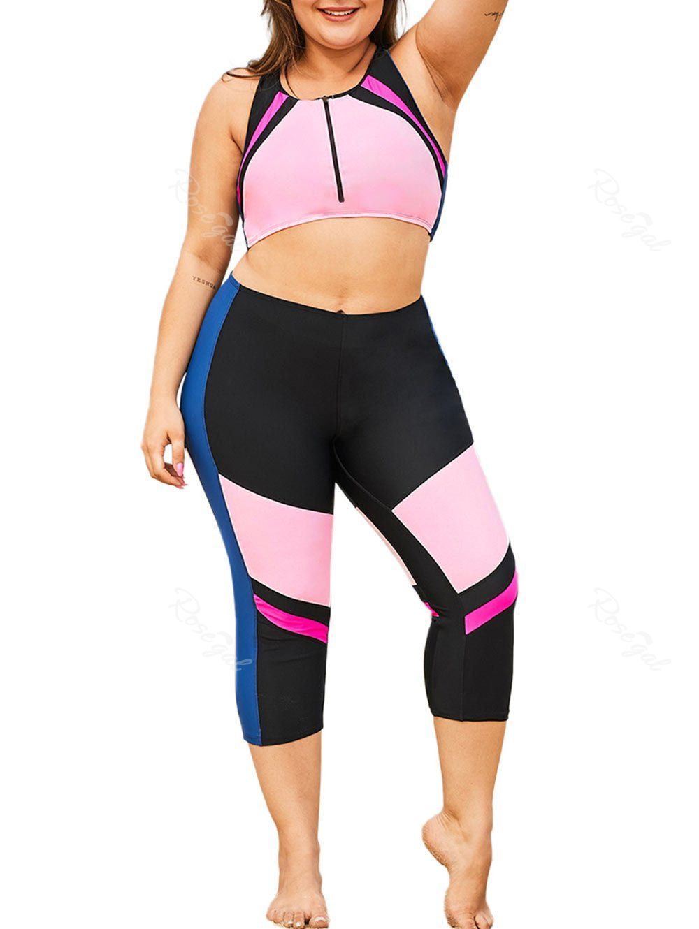 

Zip Front Mesh Panel Color Block Plus Size Two Piece Swimwear, Pink