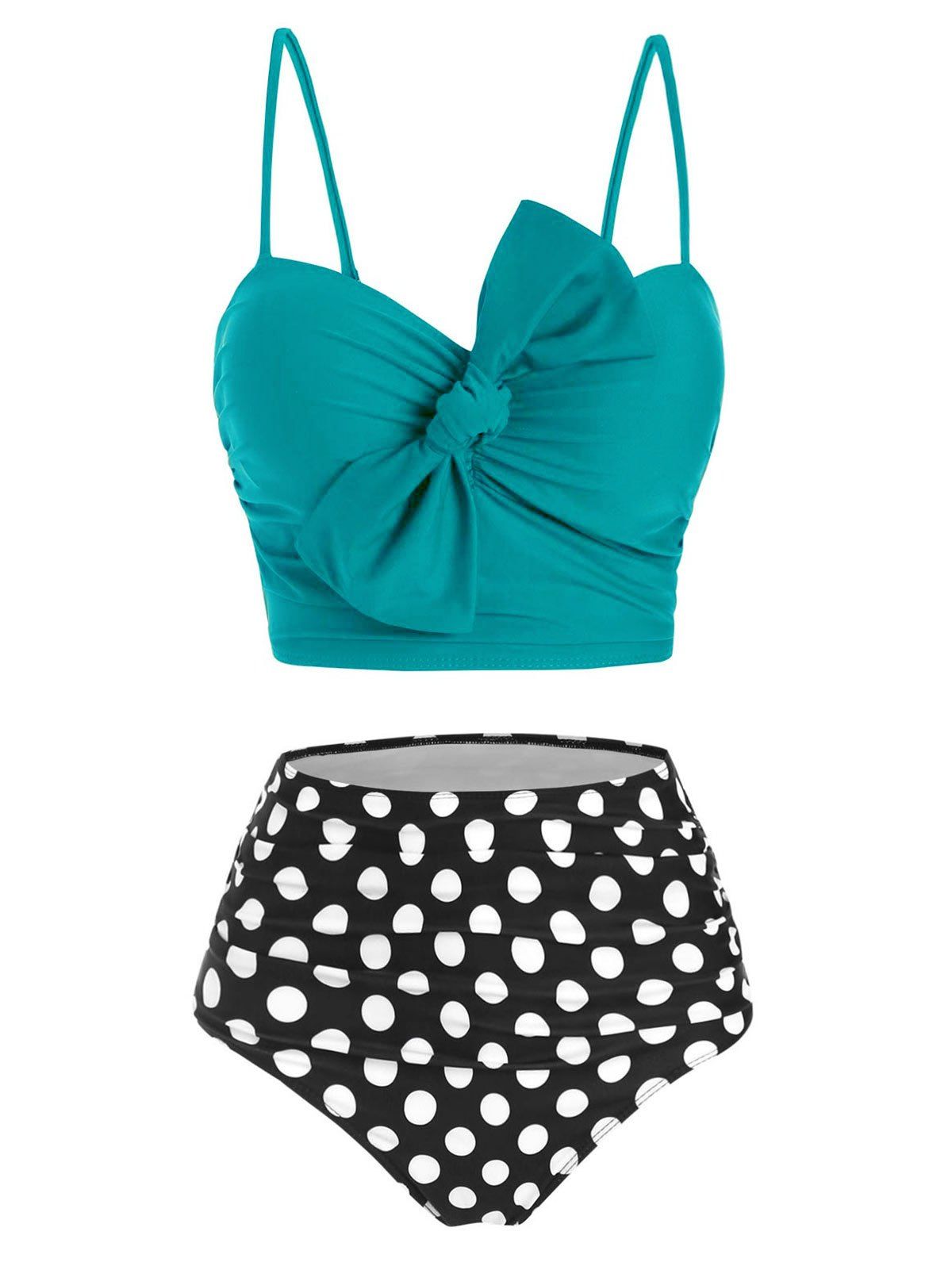 

Polka Dot Tied Moulded High Waisted Bikini Swimwear, Macaw blue green