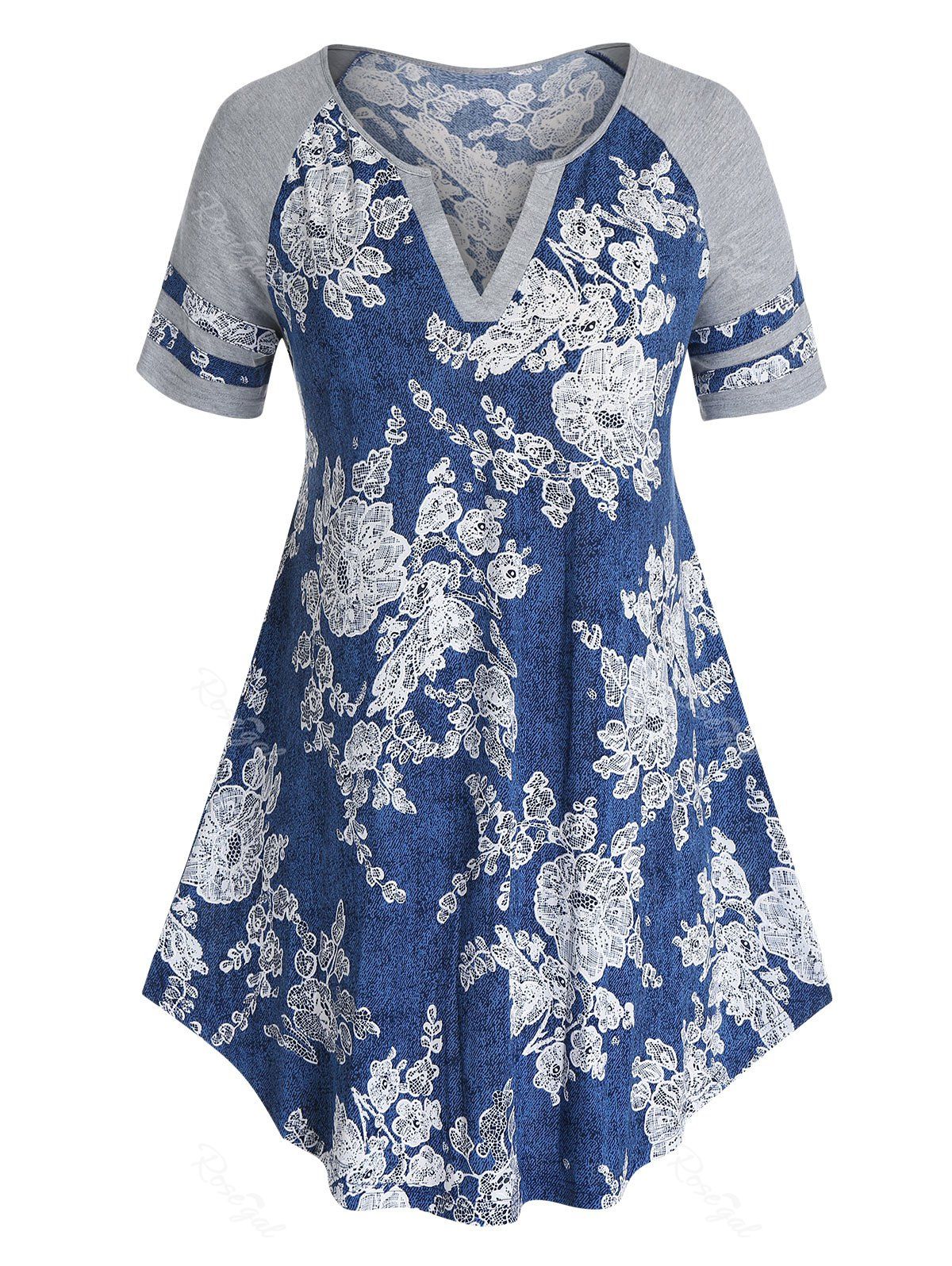

Plus Size Floral Print Raglan Sleeve T Shirt, Dark slate blue