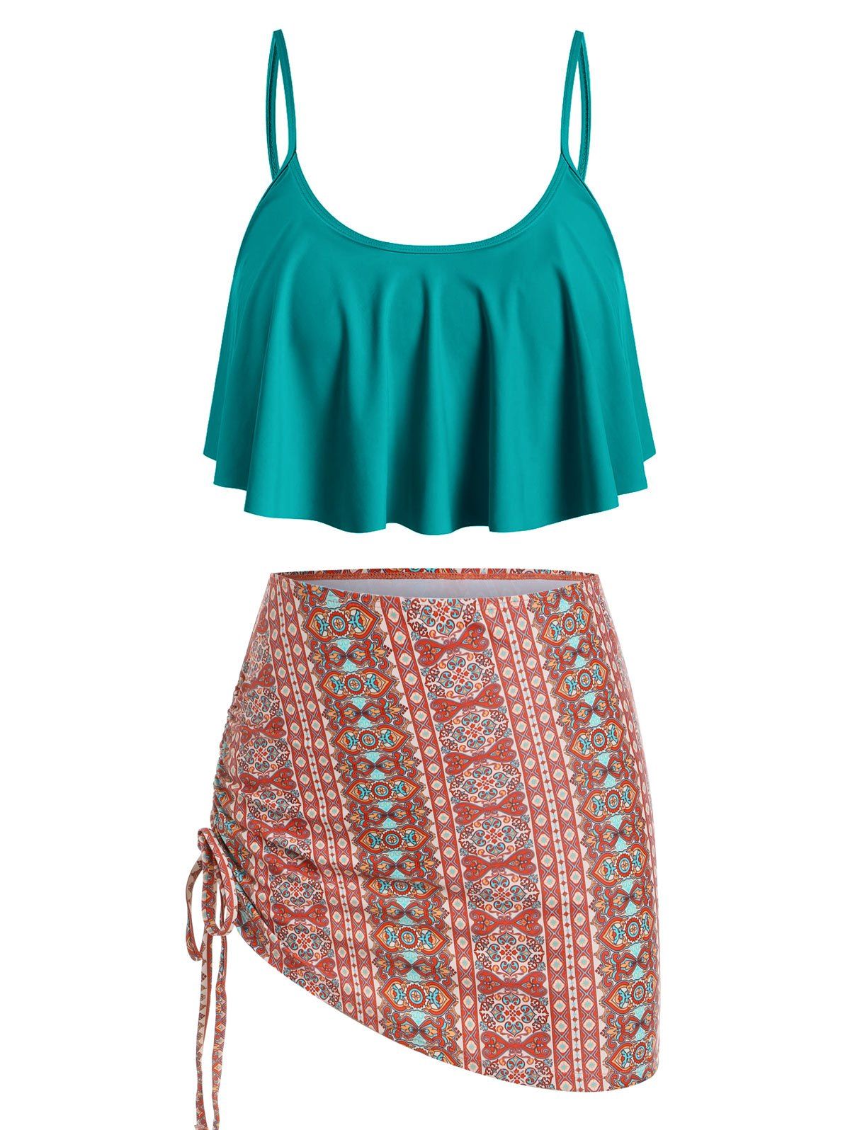 

Bohemian Printed Flounce Three Piece Swimsuit, Sea turtle green