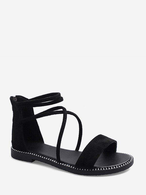 

Crisscross Suede Ankle Strap Flat Sandals, Black