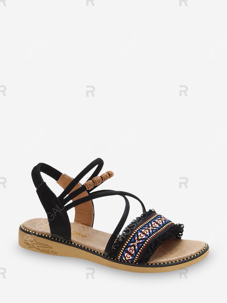 

Fringe Trim Ankle Strap Ethnic Sandals, Black