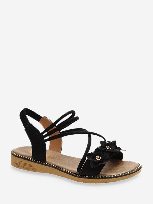 

Floral Ankle Strap Flat Sandals, Black