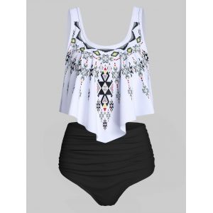 

Ethnic Geometric Print Ruched Asymmetrical Tankini Swimsuit, Black