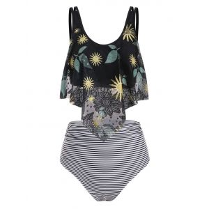 

Lace Panel Sunflower Stripes Flounces Tankini Swimwear, Yellow