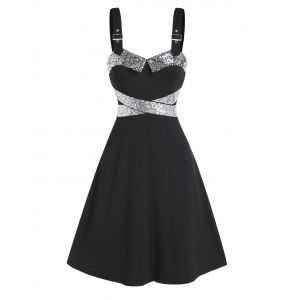 

Sequins Panel Buckle Strap High Waist Dress, Black