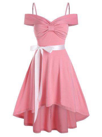 Bow Ruched Vintage High Low Belted Dress - PINK - XL