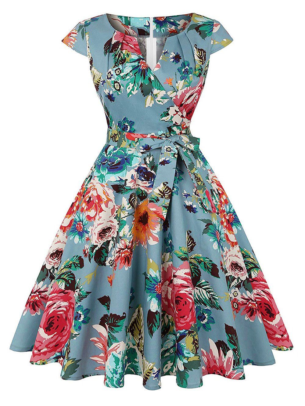 

Surplice Flower Printed Belted A Line Dress, Cyan opaque