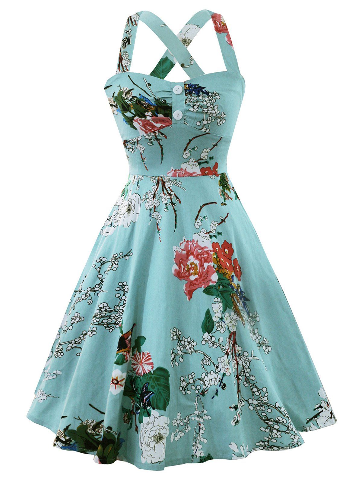 

Flower Print Criss Cross A Line Dress, Cyan opaque