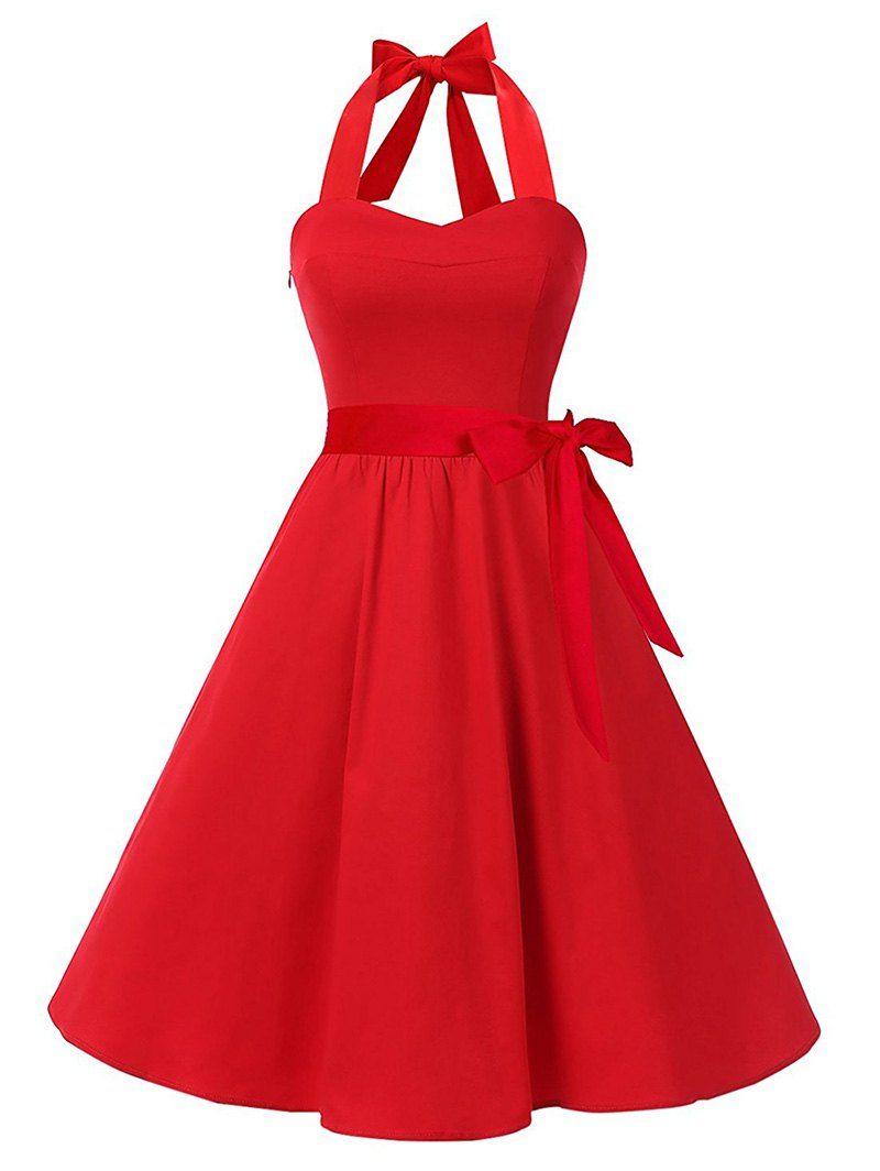 

Halter Lace Up Belted A Line Retro Dress, Lava red