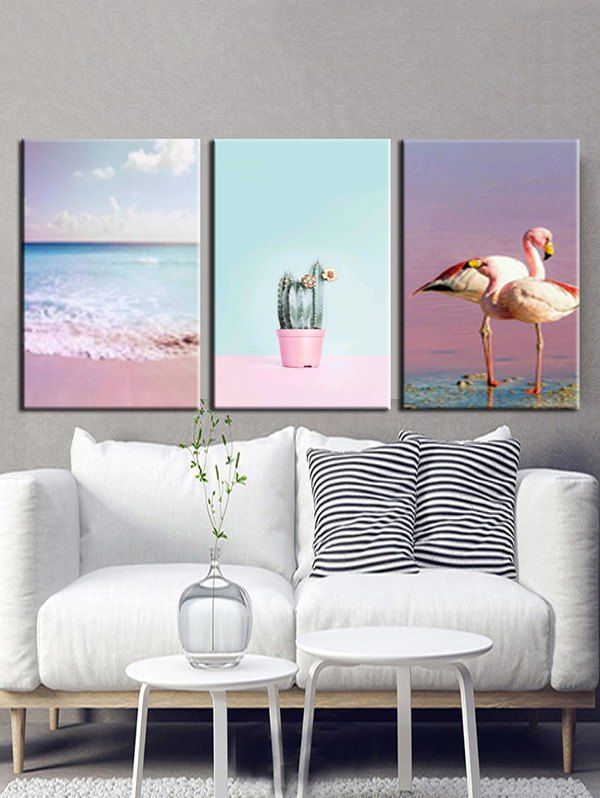 

Beach Flamingo Cactus Pattern Unframed Split Paintings, Multi-a