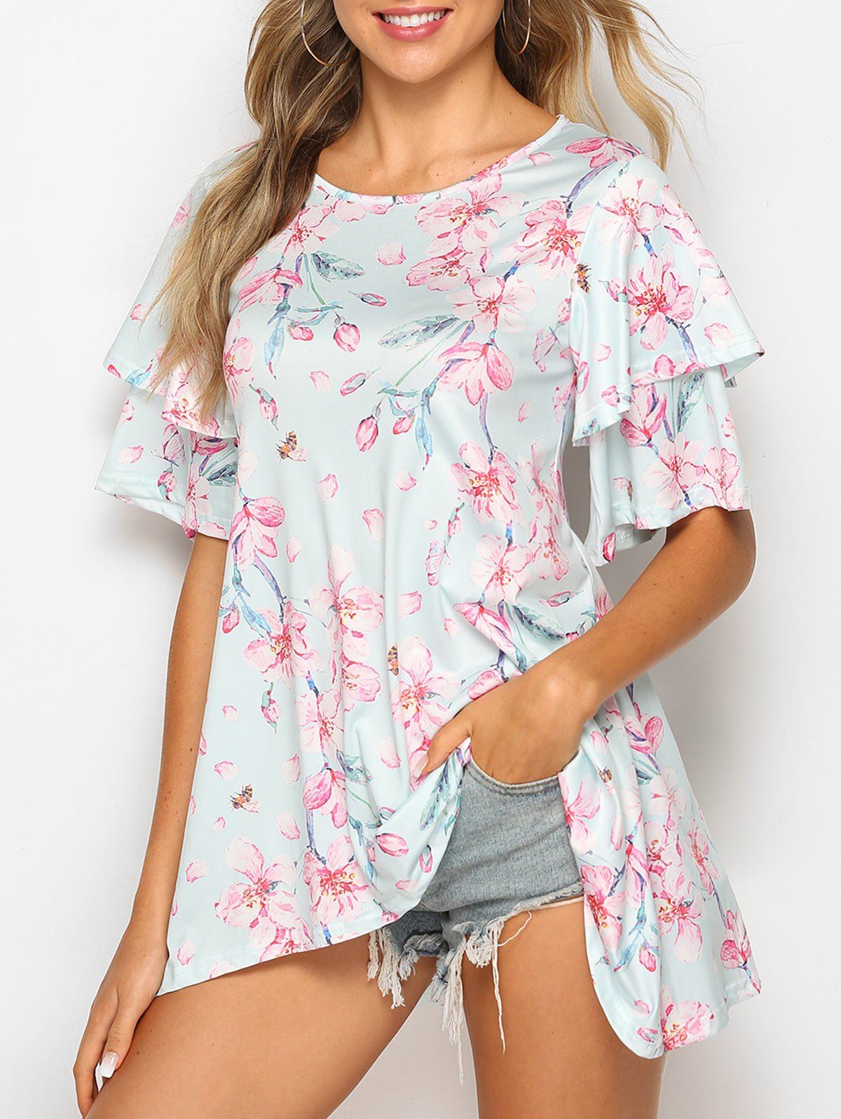 

Floral Print Asymmetric Layered Sleeve T Shirt, Light cyan