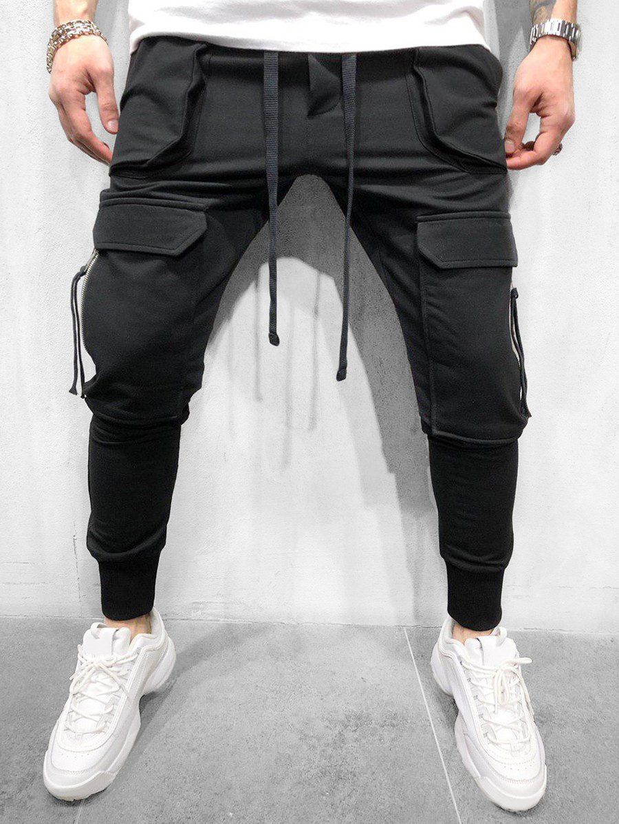 

Solid Color Multi-pocket Sport Pants, Black