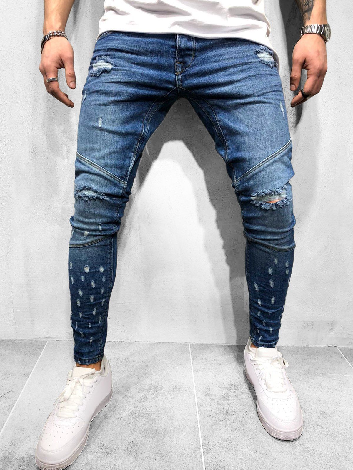 

Solid Color Ripped Zipper Fly Jeans, Blue