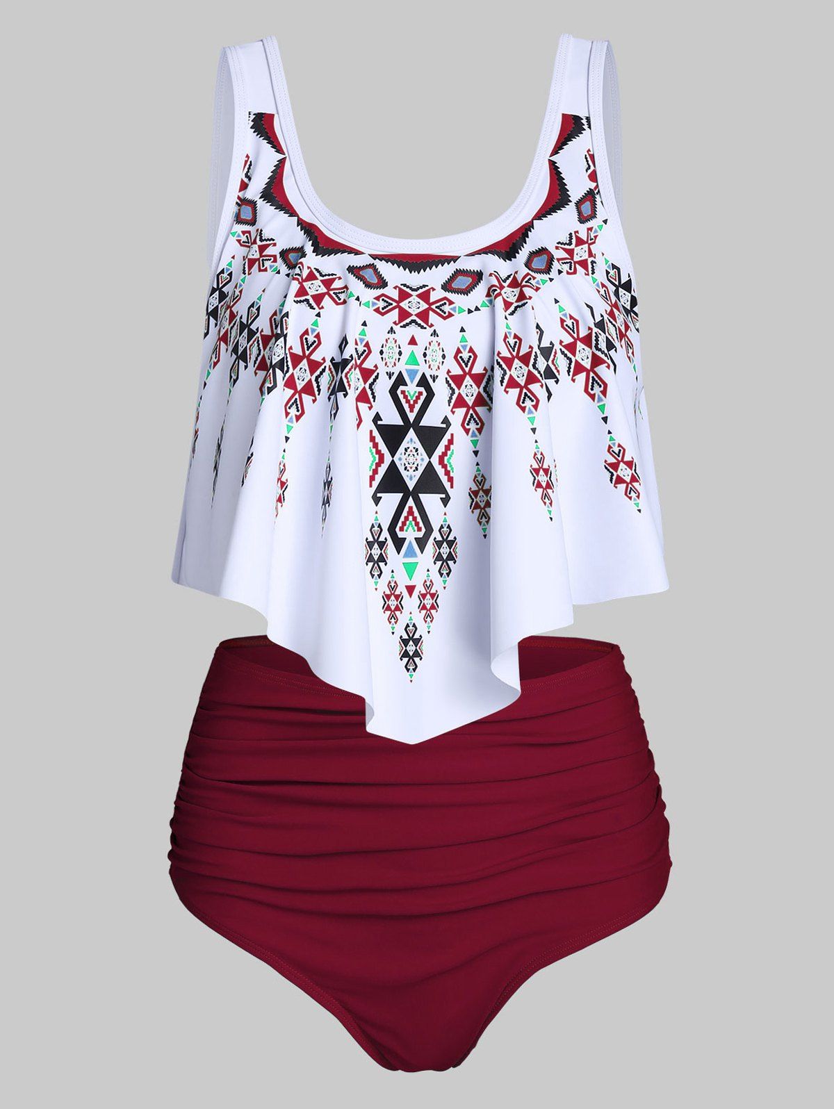 

Ethnic Geometric Print Ruched Asymmetrical Tankini Swimsuit, Red wine