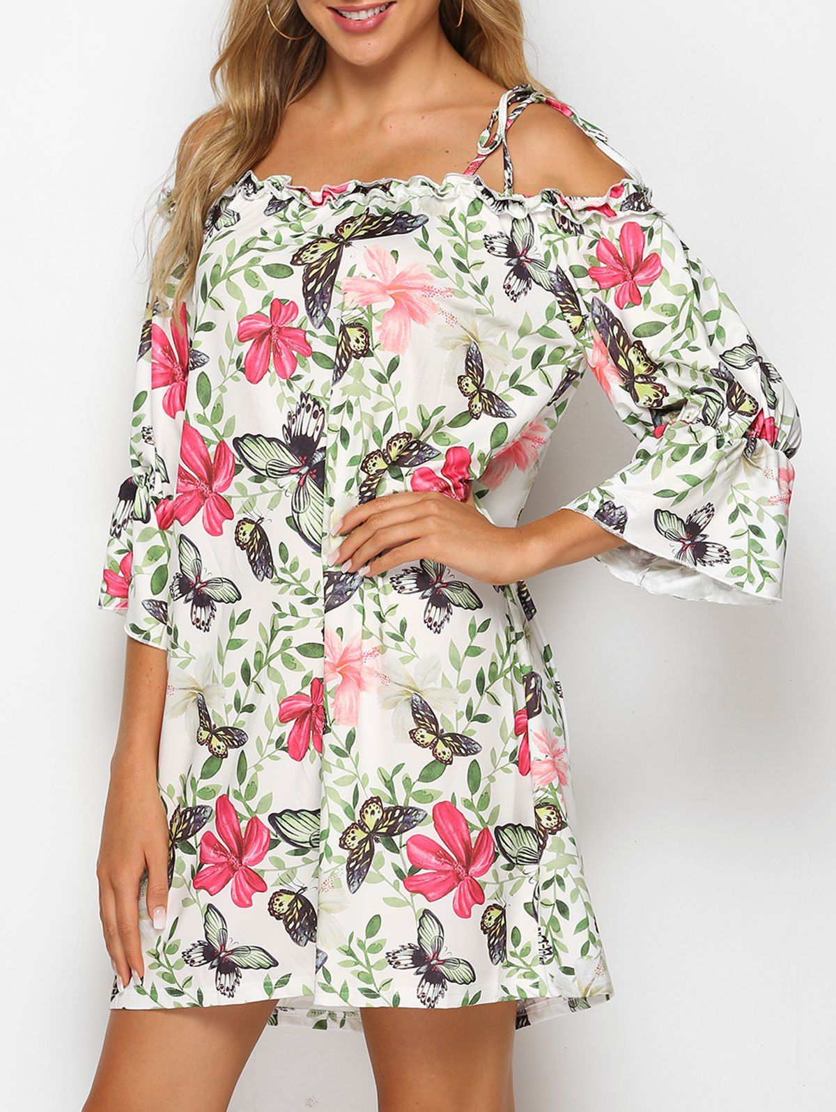 

Tie Shoulder Butterfly Floral Print Mini Dress, Clover green