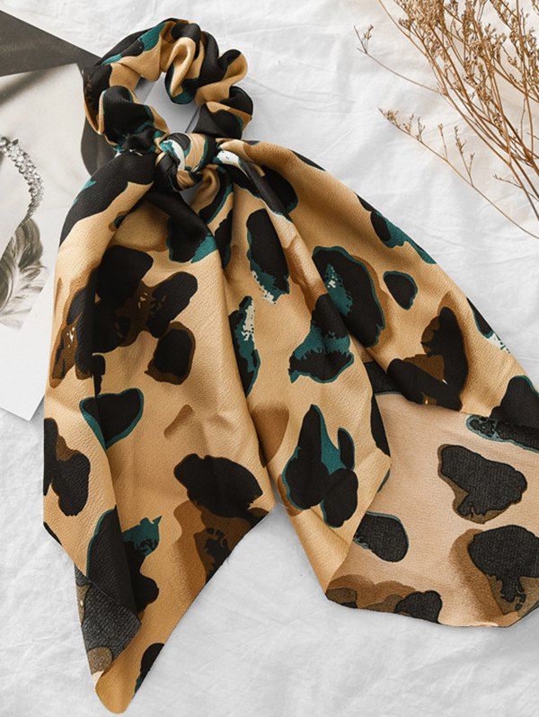 Leopard Printed Ribbon Elastic Hair Tie, Dark green