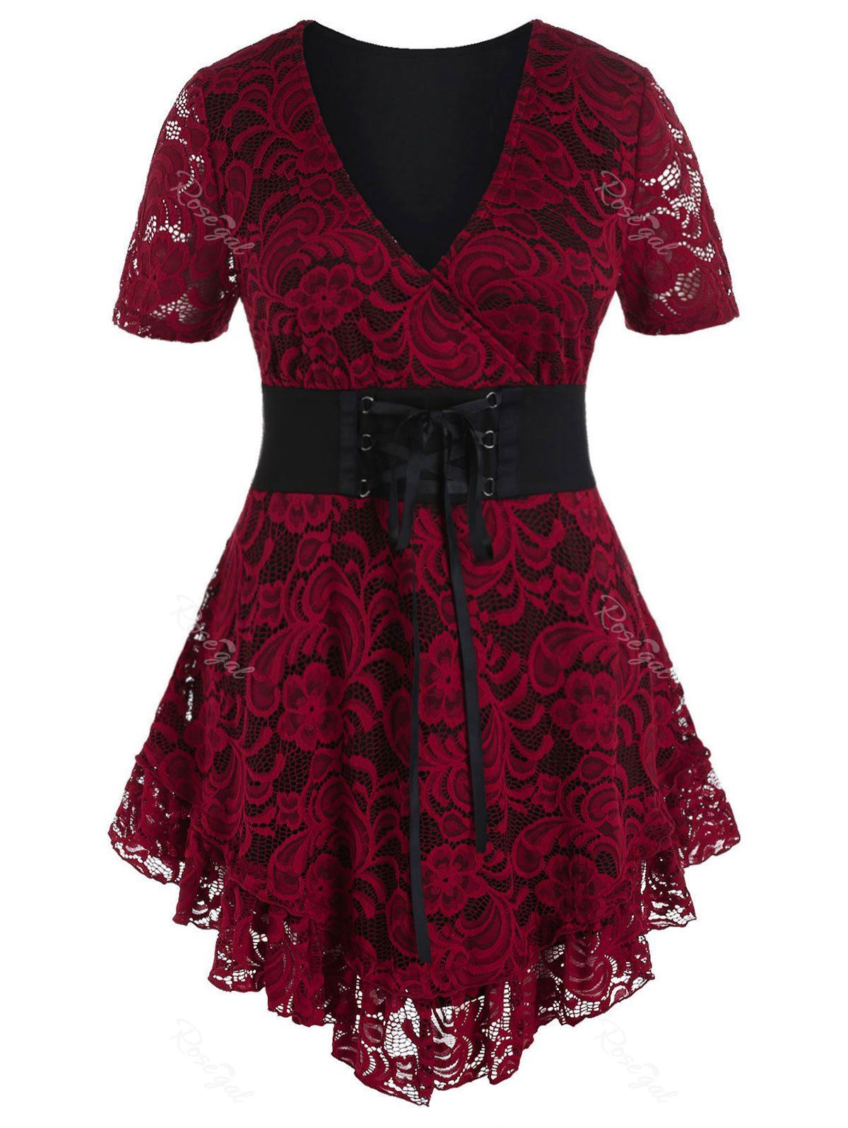 

Plus Size Plunging Neck Lace Overlay Blouse, Red wine