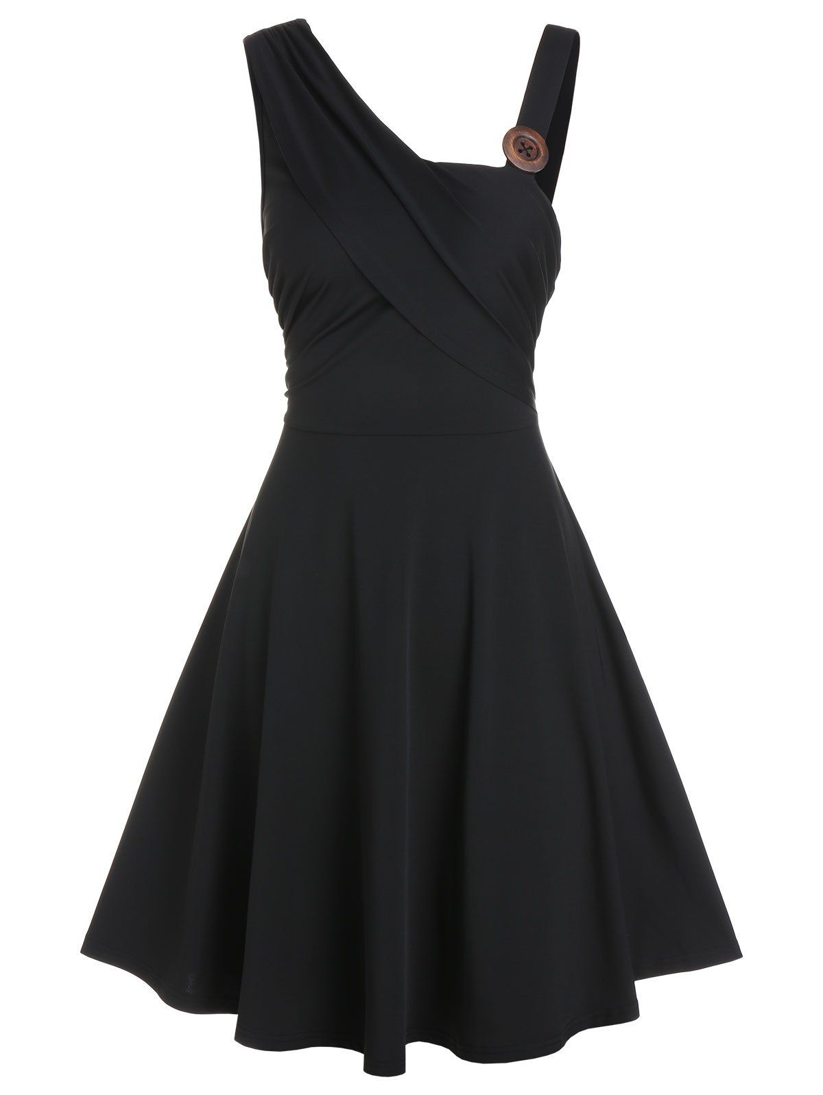 

Plain Button Sleeveless A Line Dress, Black