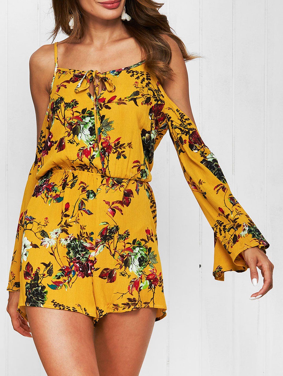 

Cold Shoulder Bell Sleeve Floral Print Romper, Orange gold