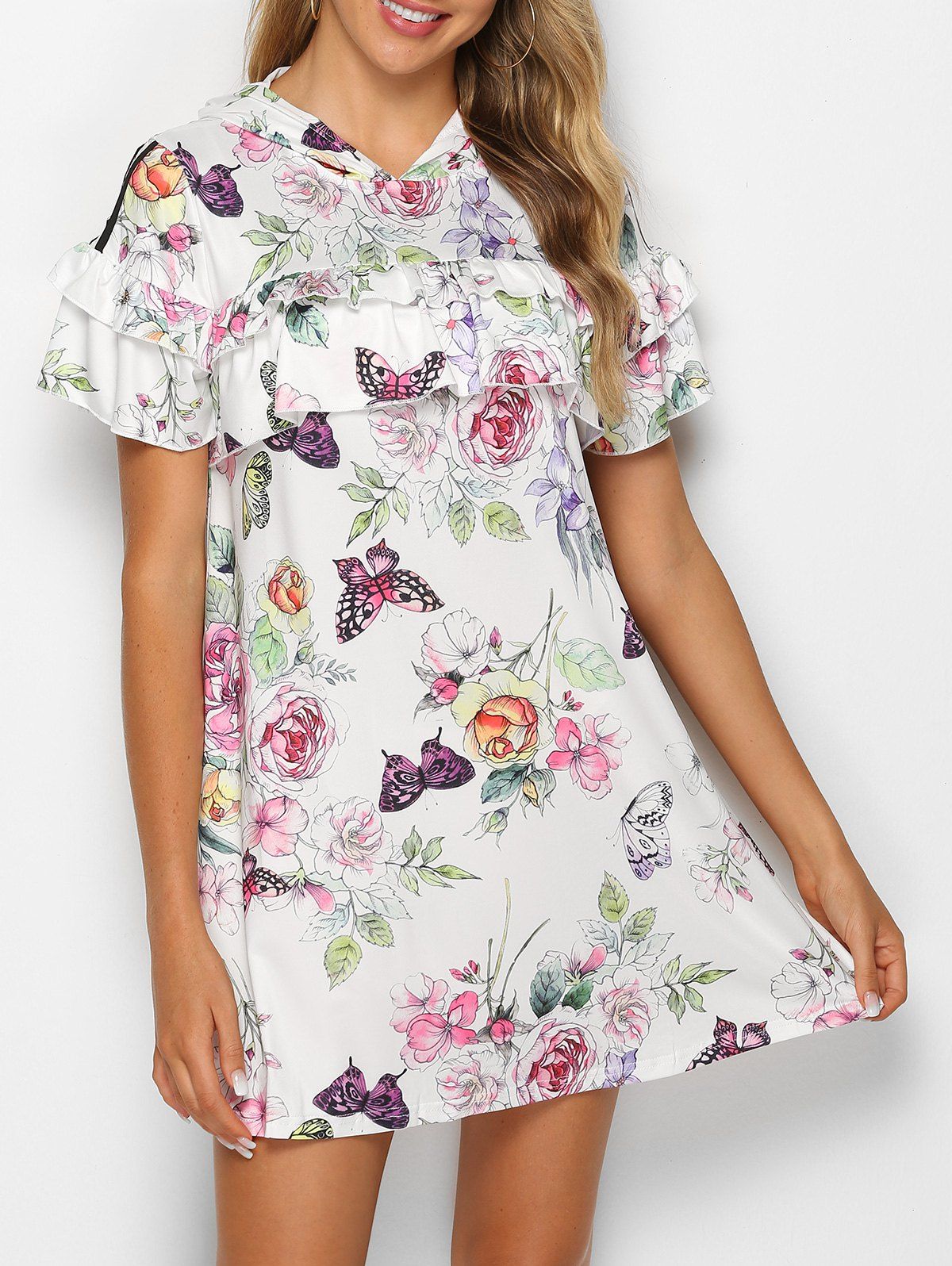 

Hooded Ruffled Floral Print Mini Dress, White