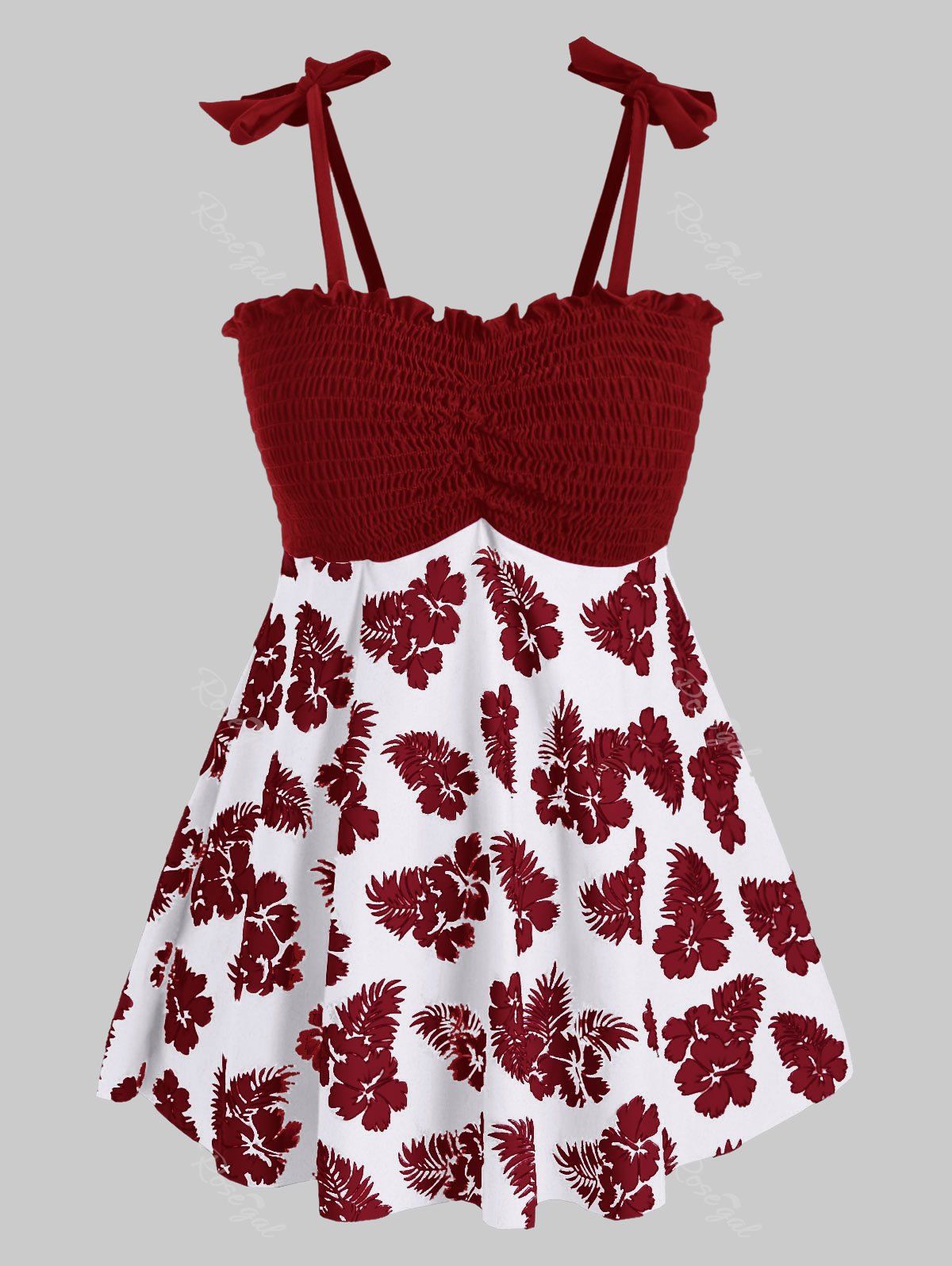 

Plus Size Floral Print Smocked Tankini Swimsuit, Red wine