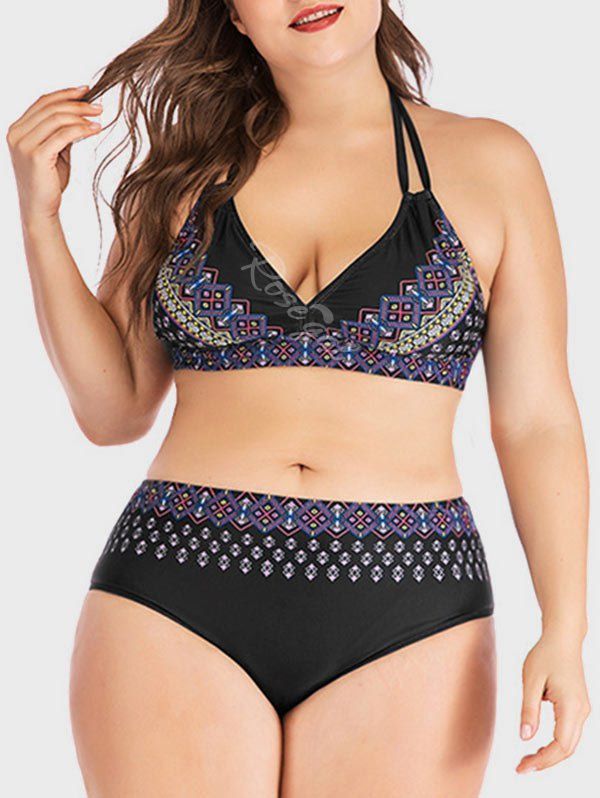 

Tie Back Halter Tribal Print Plus Size Bikini Swimwear, Black