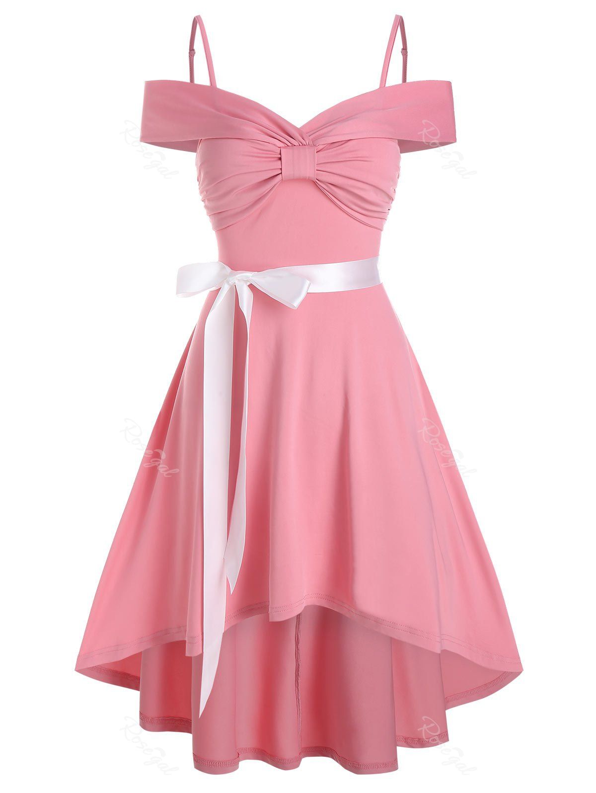 

Bow Ruched Vintage High Low Belted Dress, Pink