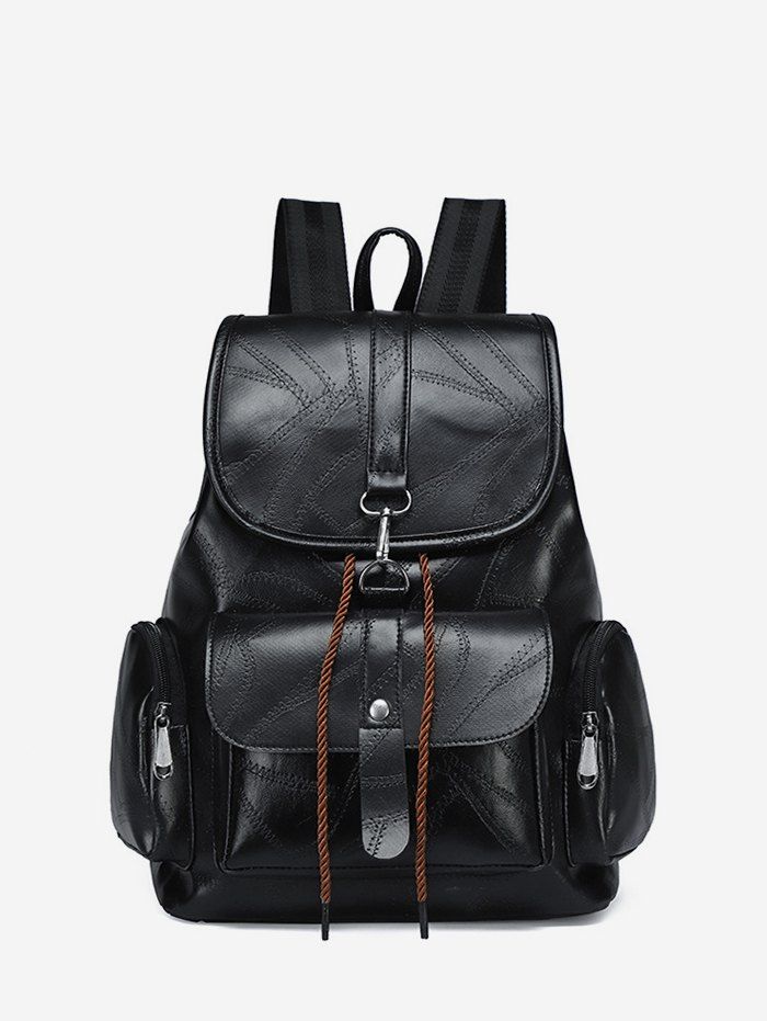 

Soft Leather Drawstring Flap Backpack, Black