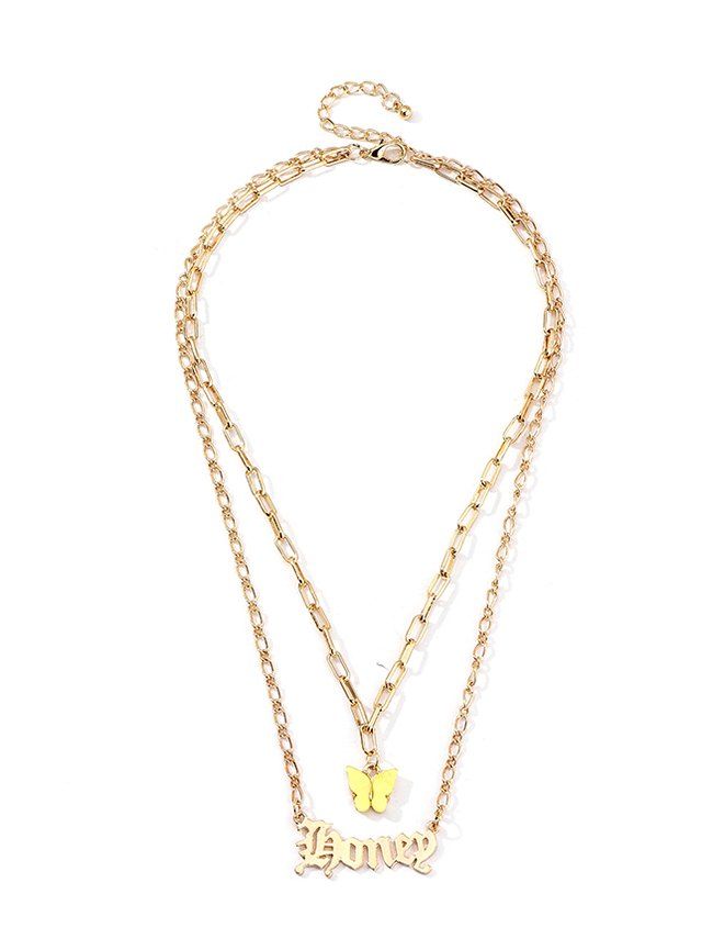 

Butterfly And Letter Pendant Double Layer Chain Necklace, Corn yellow