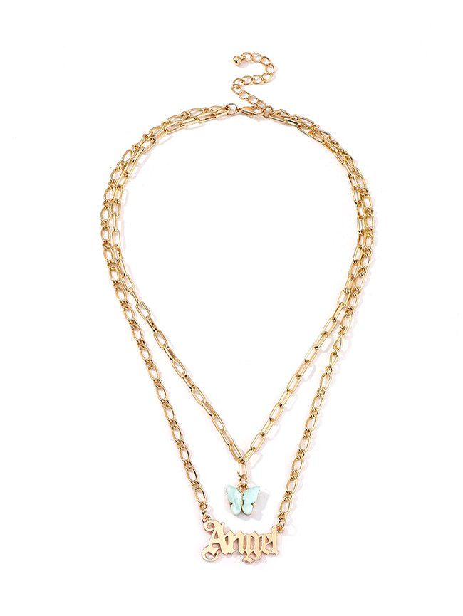

Butterfly And Letter Pendant Double Layer Chain Necklace, Aquamarine