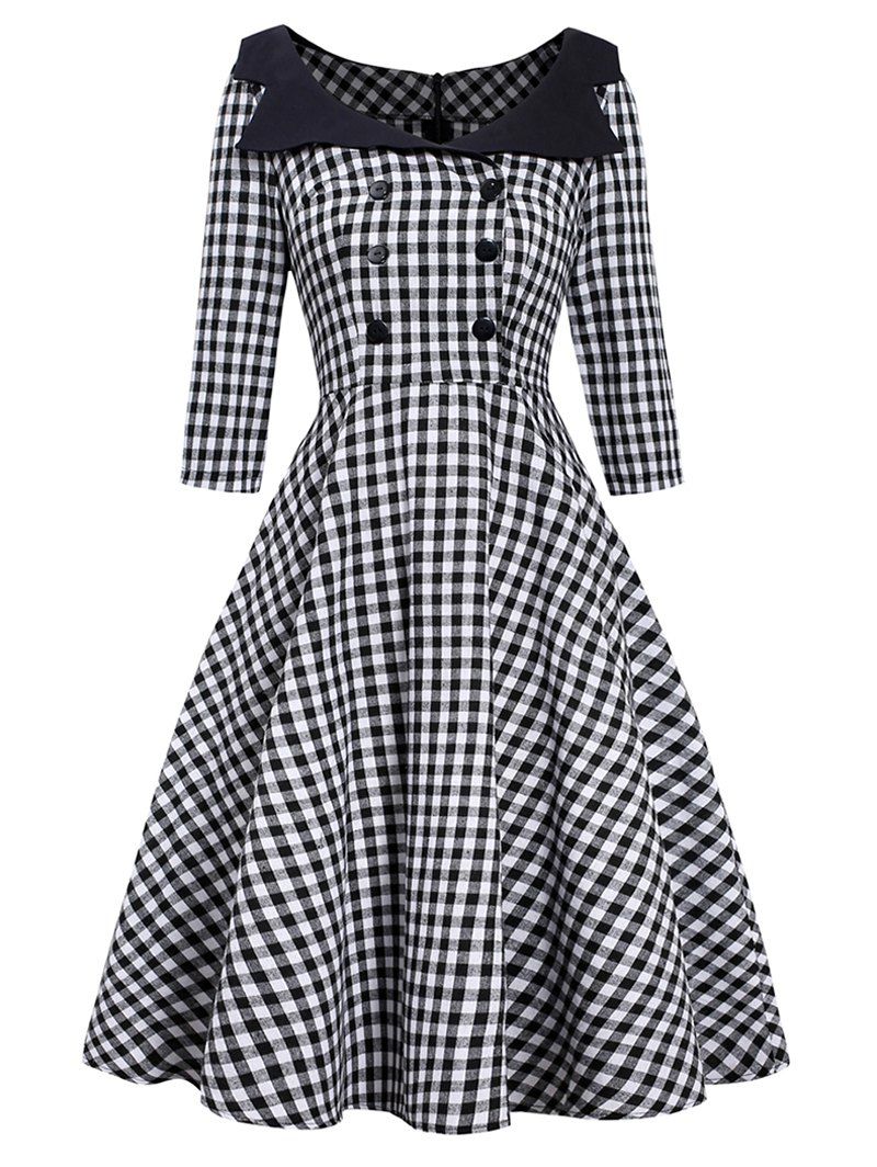 

Gingham Buttoned A Line Retro Dress, Black