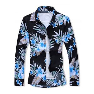 

Floral Leaves Print Button Down Shirt, Black