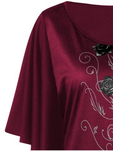 

Plus Size Floral Drape Sleeve T-shirt, Red wine