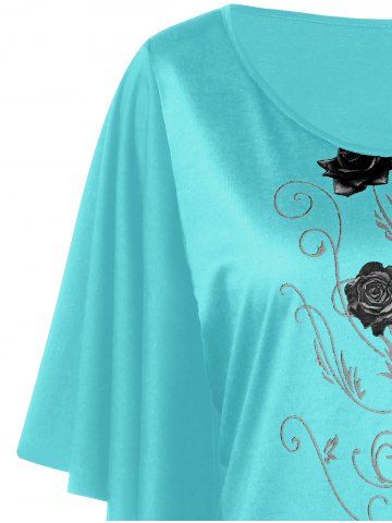 

Plus Size Floral Drape Sleeve T-shirt, Macaw blue green