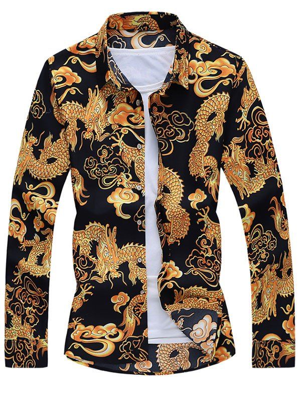 

Dragon and Clouds Print Long Sleeve Shirt, Black