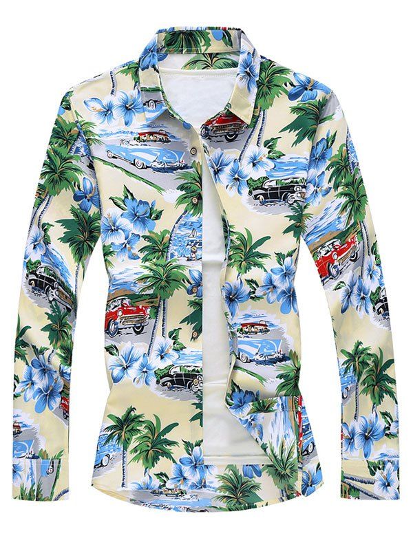 

Leave Palm Tree Car Print Button Down Shirt, Multi-a