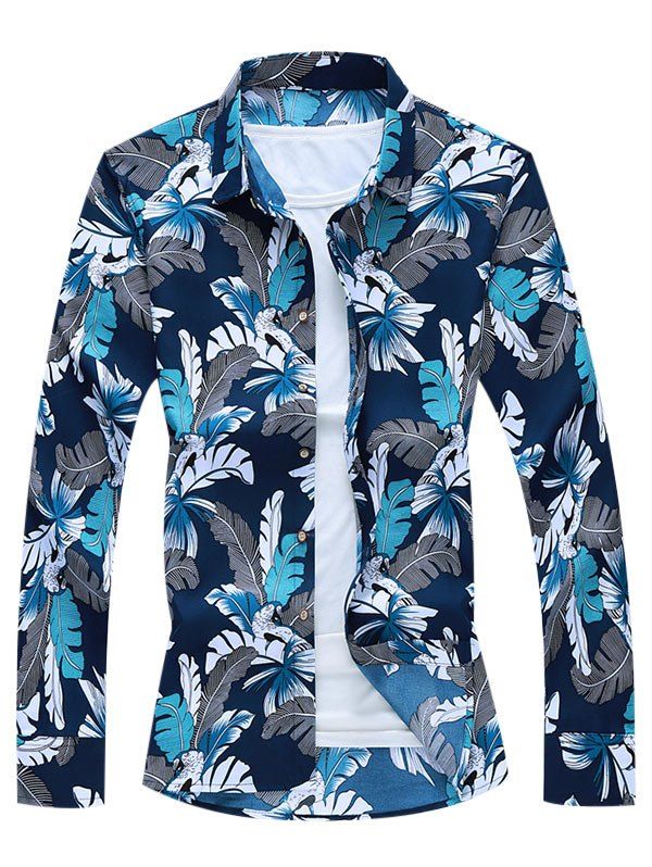 

Birds Leaves Print Button Down Shirt, Blue