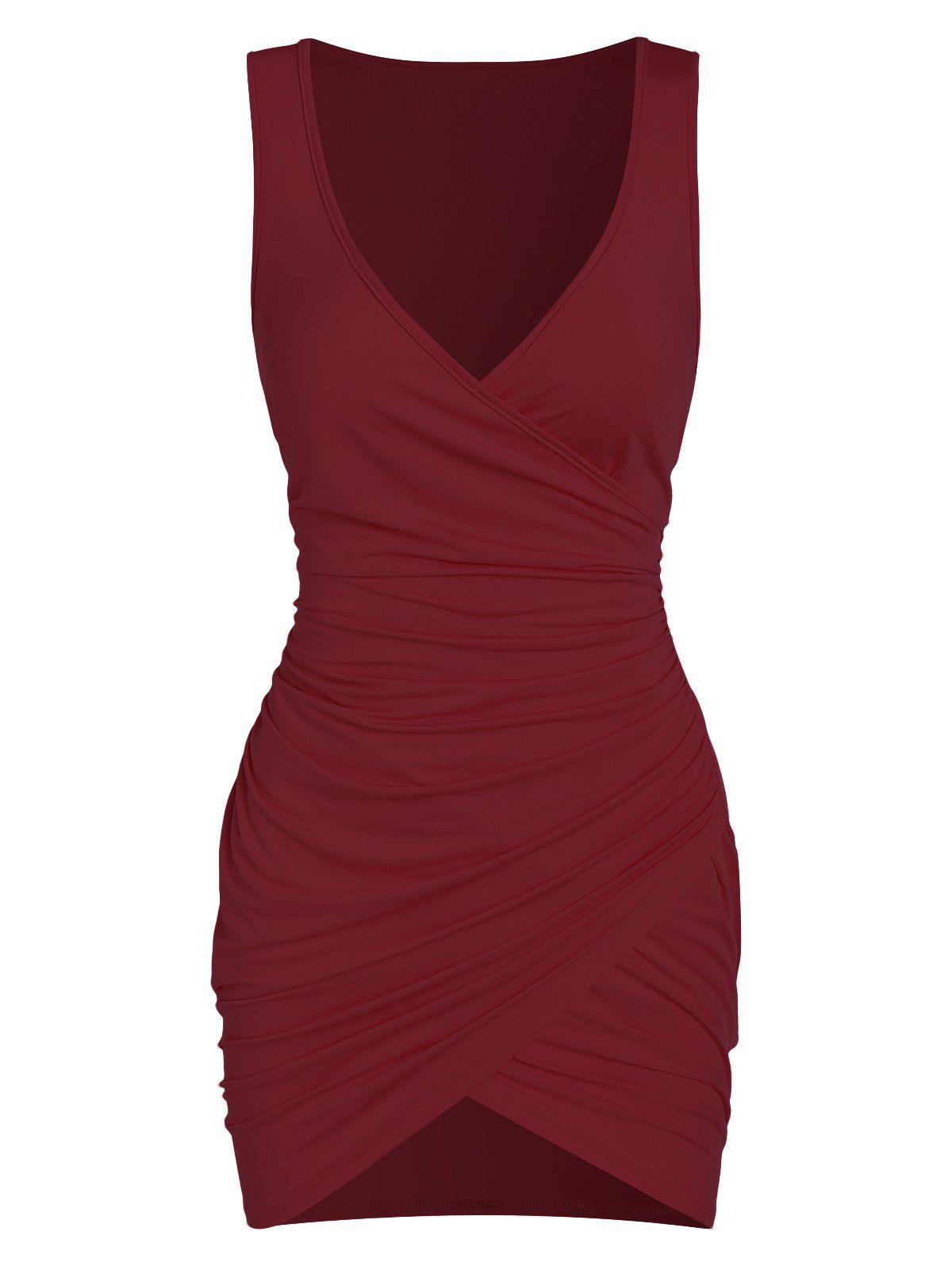 

Sleeveless Plunge Neck Ruched Surplice Sheath Dress, Red wine