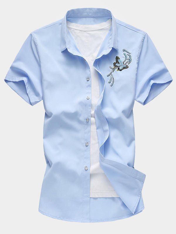 

Butterfly Embroidered Short Sleeve Button Up Shirt, Sky blue