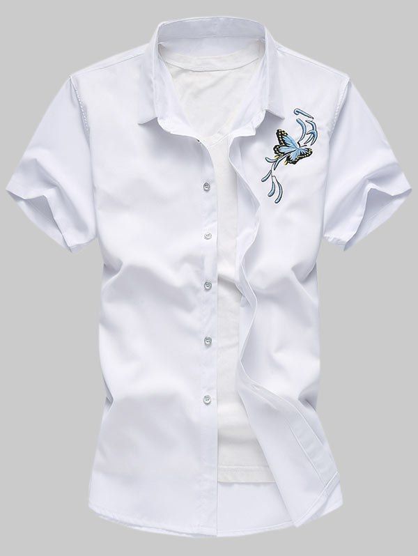 

Butterfly Embroidered Short Sleeve Button Up Shirt, White