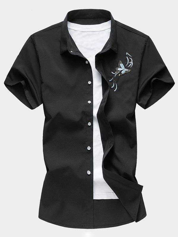 

Butterfly Embroidered Short Sleeve Button Up Shirt, Black