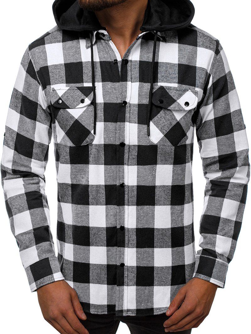 

Plaid Pattern Detachable Hooded Long Sleeve Shirt, White